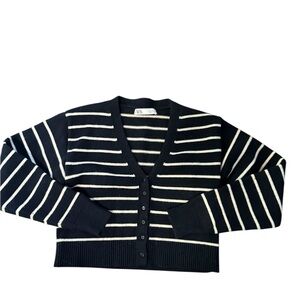 Zara Black & White Striped V-Neck Button Cardigan Sweater